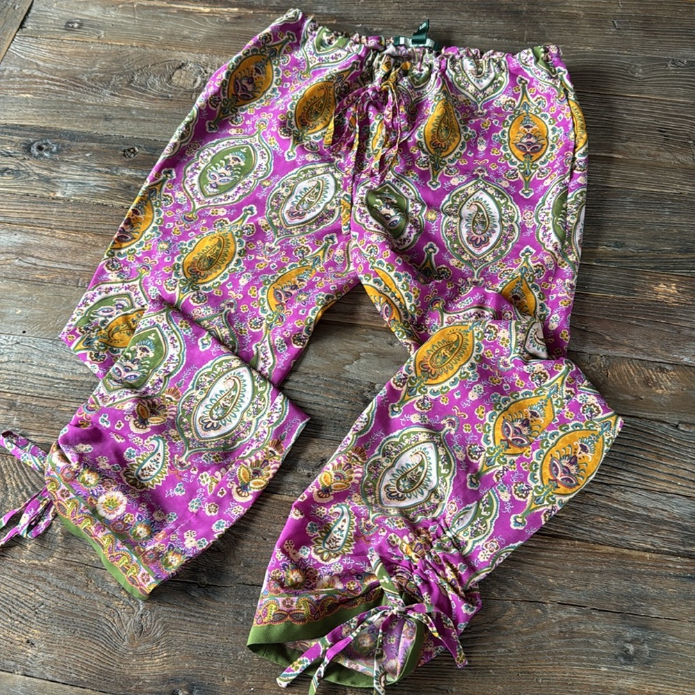 Ralph Lauren poly purple & green paisley side ruched casual pants EUC size S - Picture 2 of 11